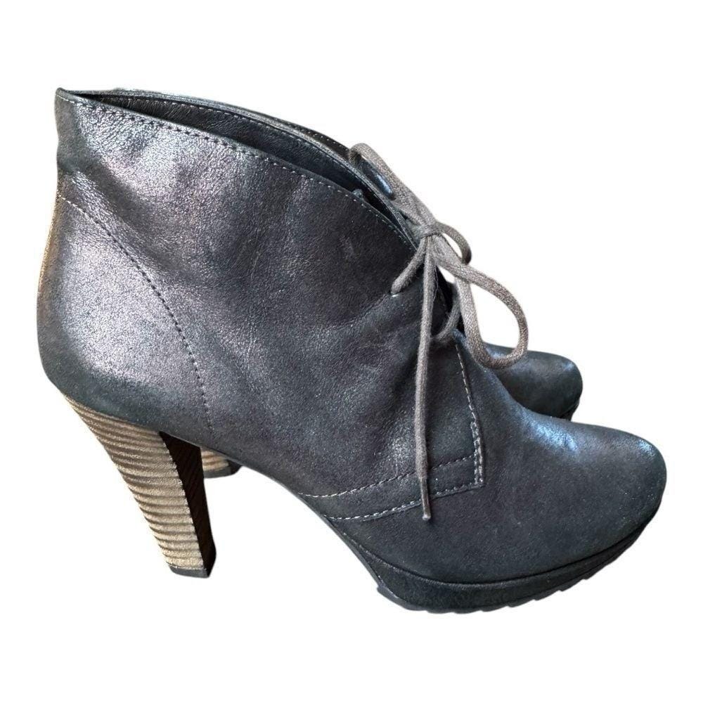 Paul Green Munchen Metallic Leather Lace Up Ankle Boots Bronze Stacked Heel 5